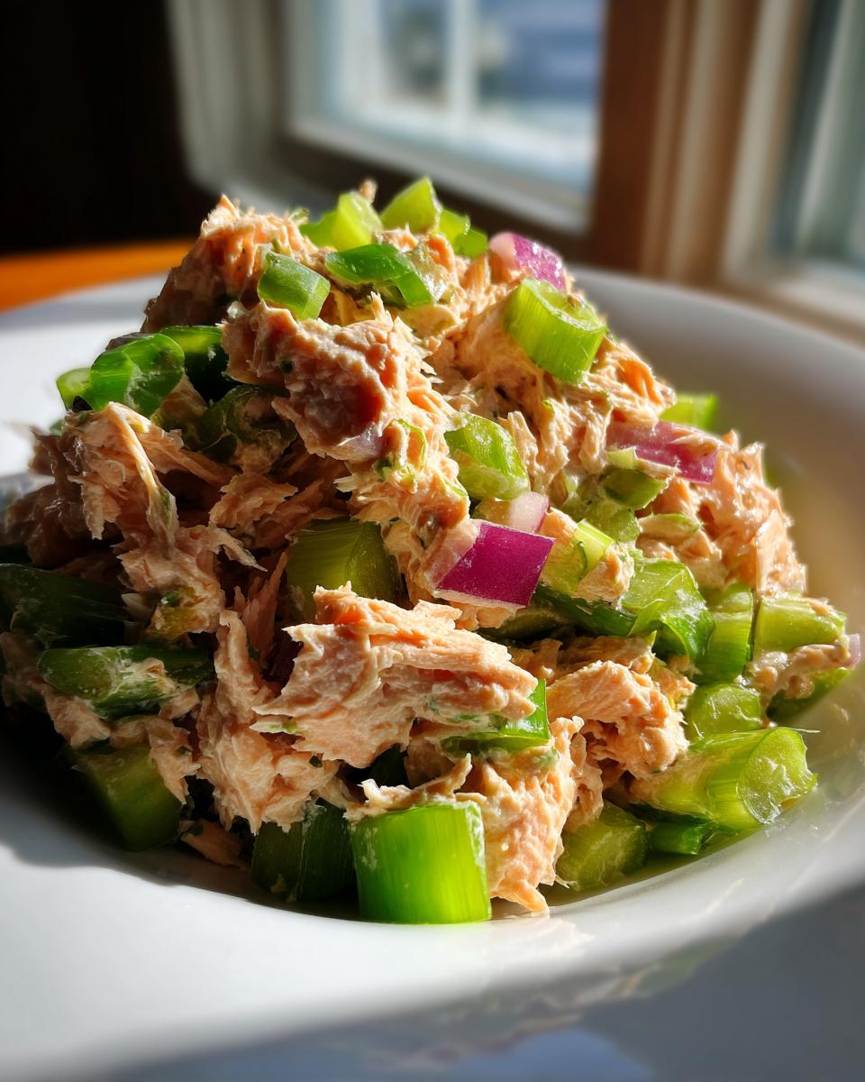 A close-up of fresh salmon salad mixed with bright green celery and red onion chunks, served in a white bowl.