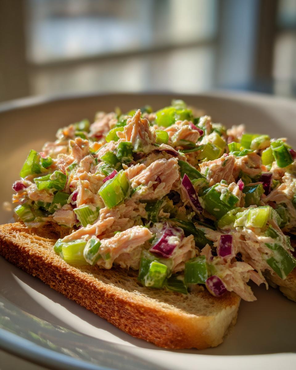 Close-up of creamy salmon salad loaded with green peppers and red onion served on toasted bread.