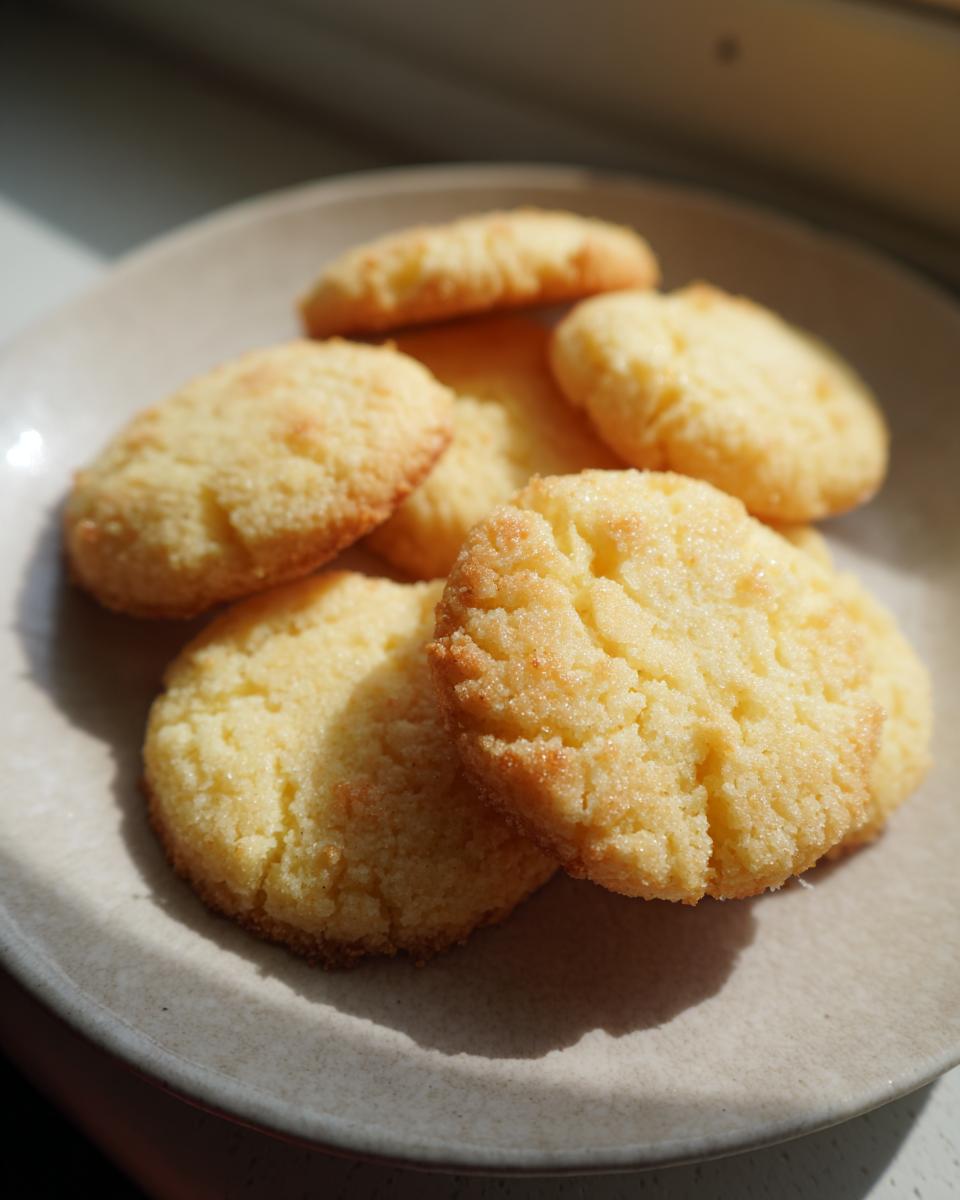 Close-up of several golden 3-ingredient butter cookies piled on a light-colored plate, illuminated by sunlight.
