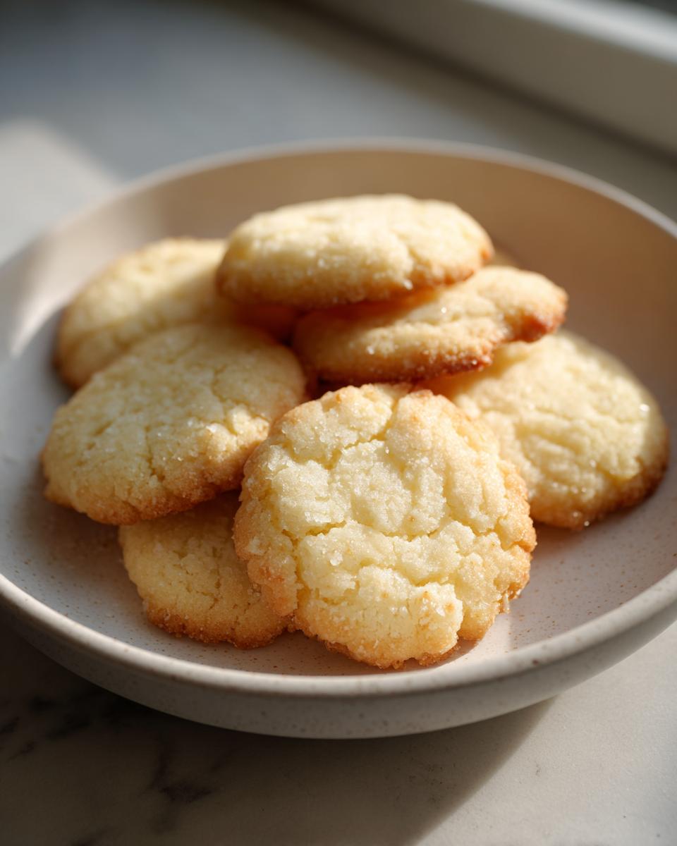 A close-up of several golden 3-ingredient butter cookies sprinkled with sugar in a light ceramic bowl.