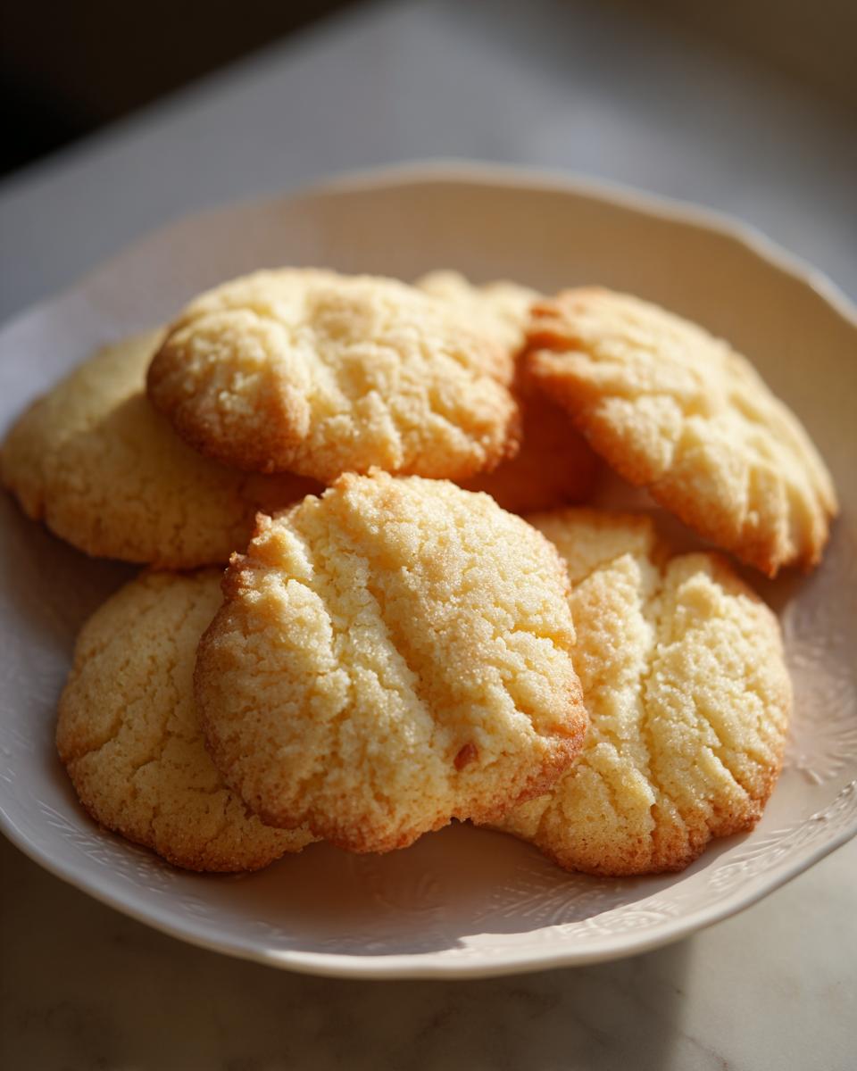 A stack of golden brown 3-ingredient butter cookies with ridged tops resting on a white, scalloped plate.