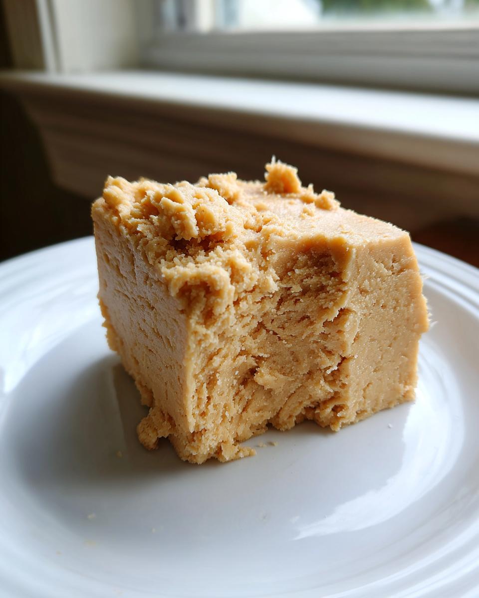 A single, thick square of creamy, light brown peanut butter fudge resting on a white plate near a window.