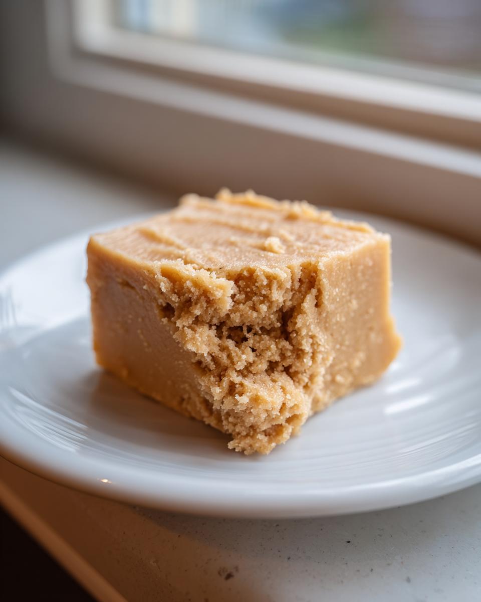 A square piece of creamy, crumbly peanut butter fudge sitting on a white plate near a window.