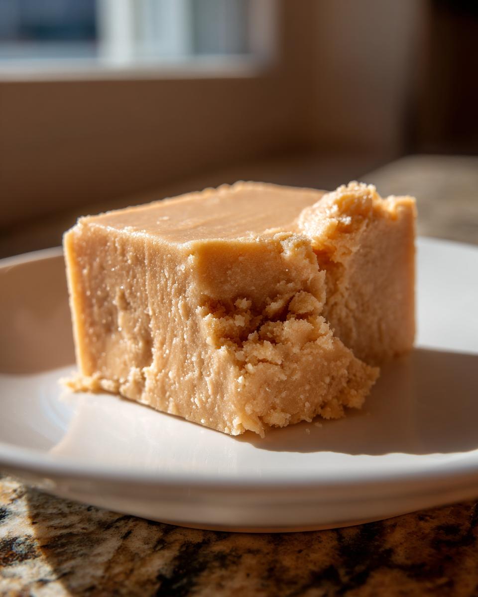 A single, thick square of creamy peanut butter fudge sitting on a white plate, showing a slightly crumbly edge.