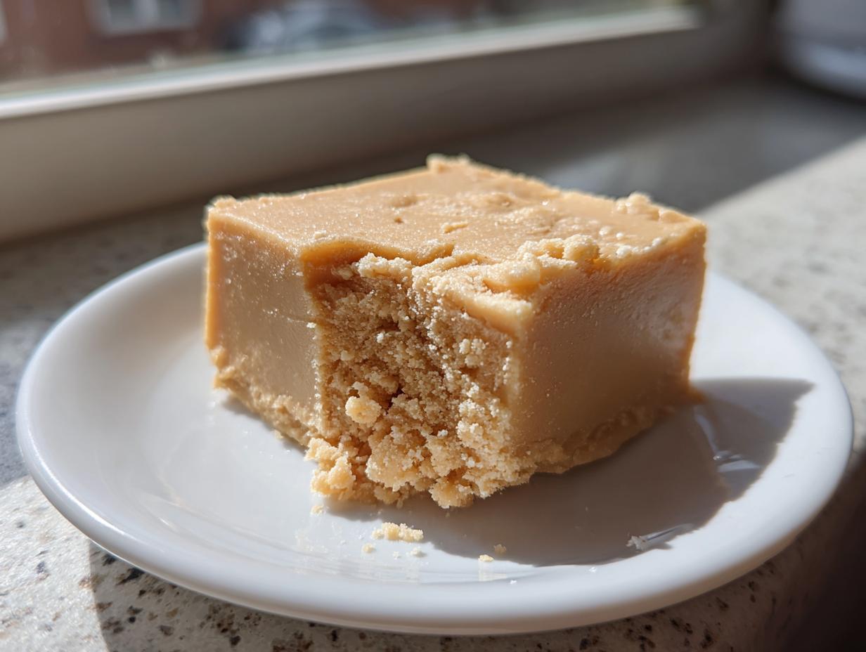A square piece of creamy peanut butter fudge with a bite taken out, showing the crumbly texture, served on a white plate.