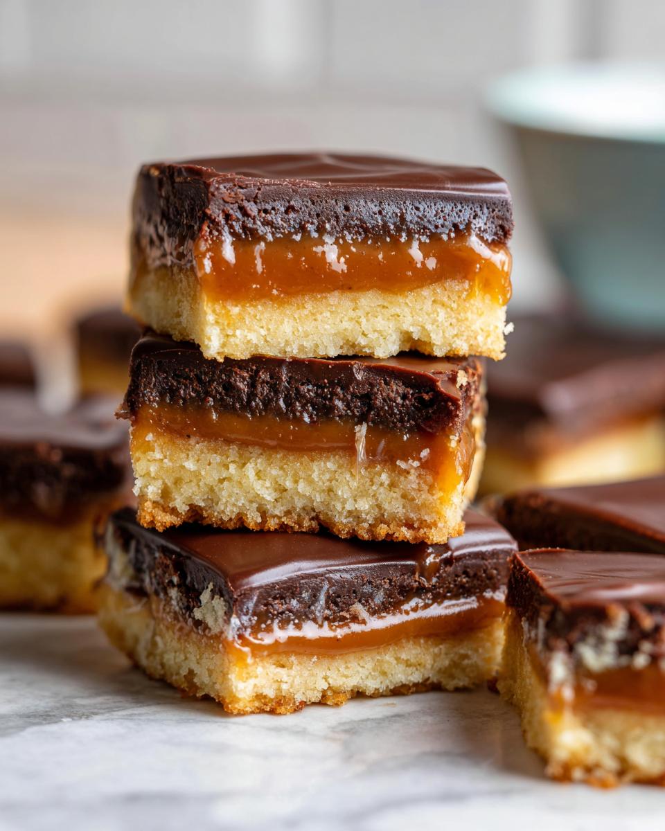 Close-up of three stacked homemade Twix bars showing shortbread, caramel, and chocolate layers.
