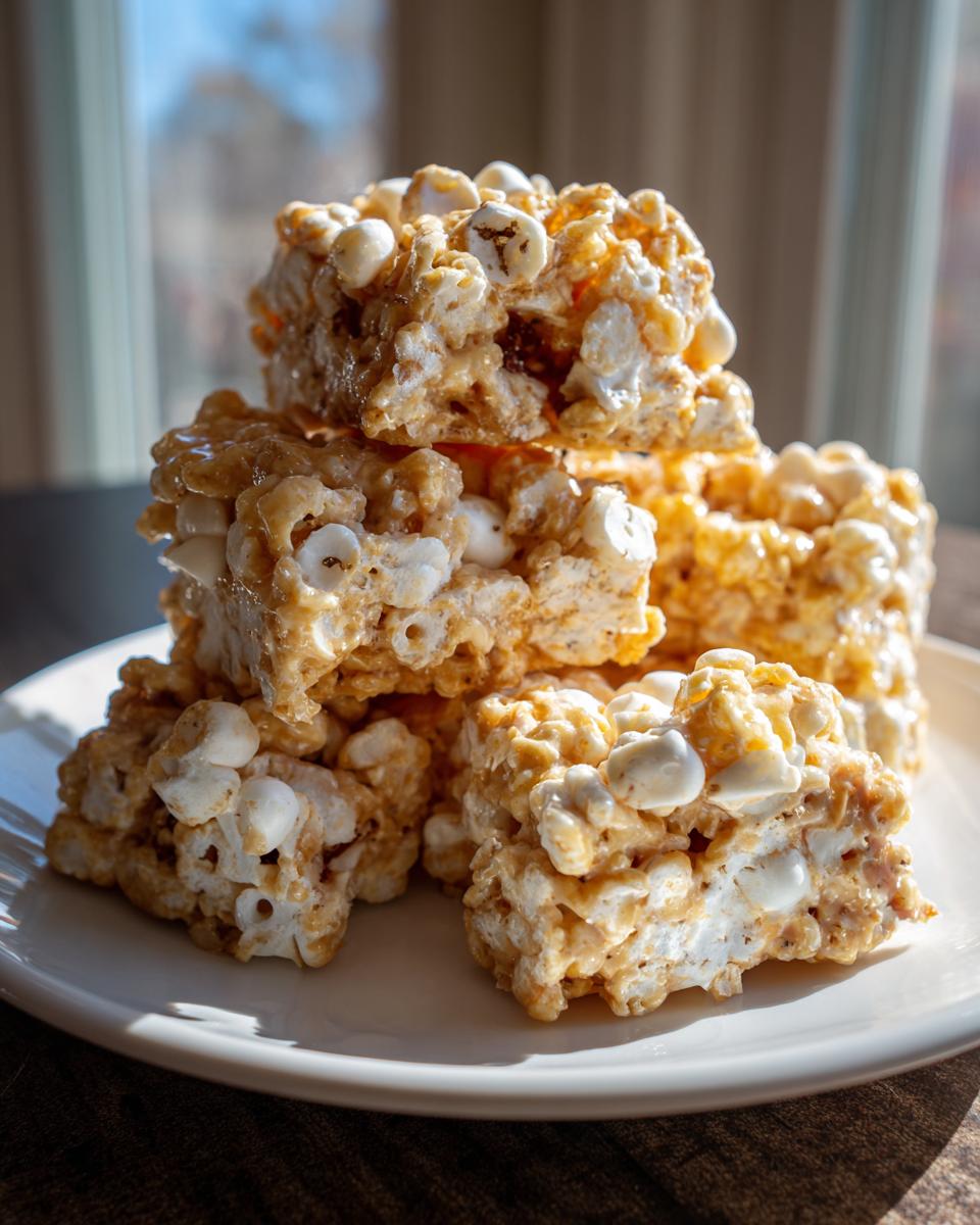 A stack of homemade avalanche cookies piled high on a white plate, showing marshmallows and crispy texture.