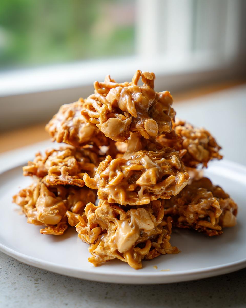 A close-up stack of golden brown, peanut butter-coated haystack cookies on a white plate.