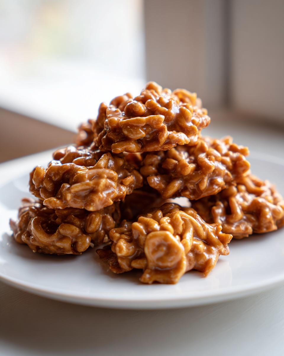 A small pile of glossy, caramel-colored haystack cookies made with chow mein noodles on a white plate.