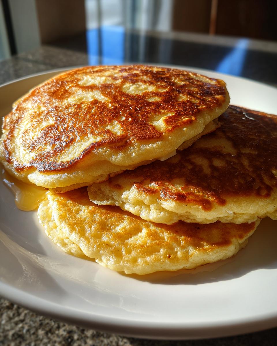 A stack of three golden-brown almond flour pancakes drizzled with syrup on a white plate.