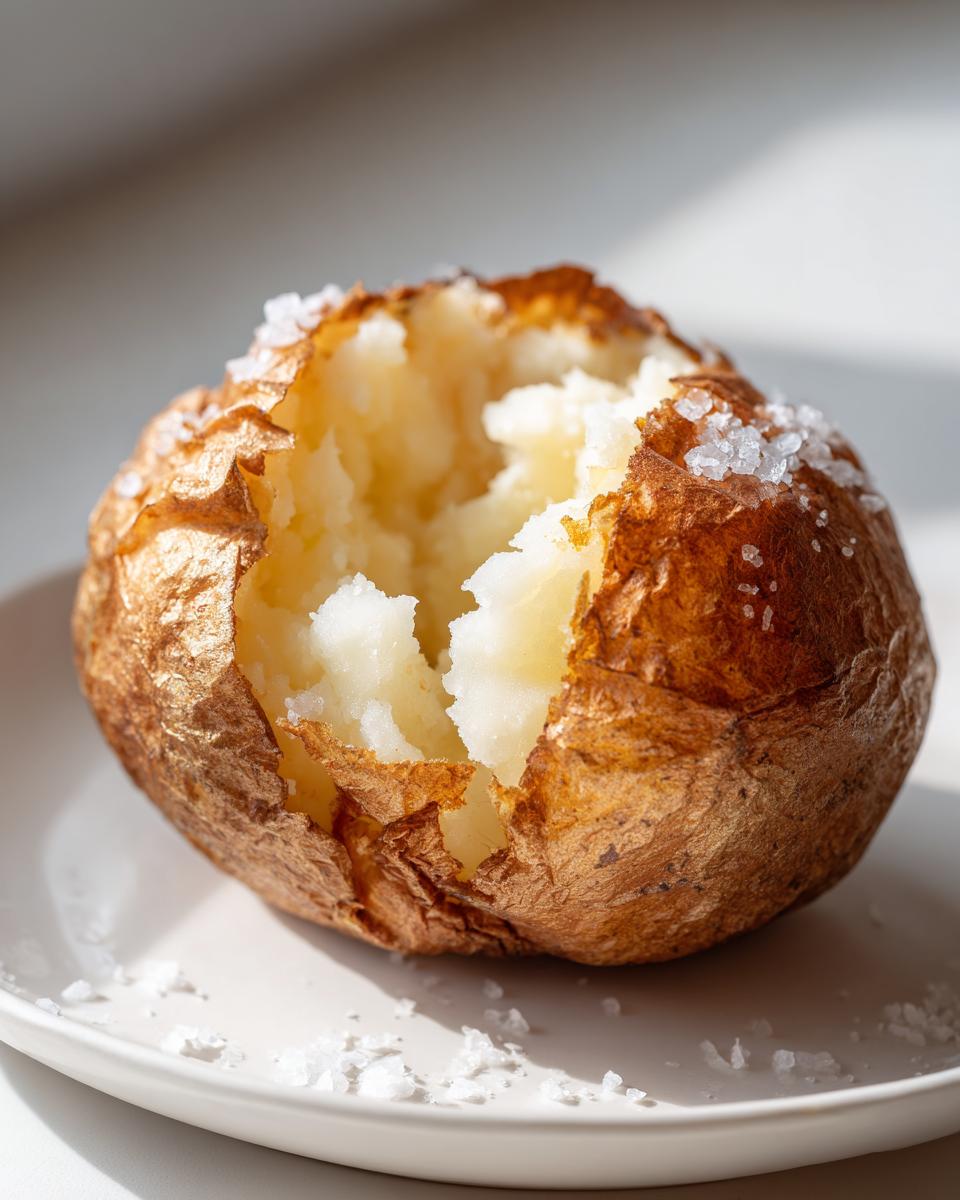 Close-up of a perfectly cooked air fryer baked potato, split open to show fluffy white interior and salted crispy skin.