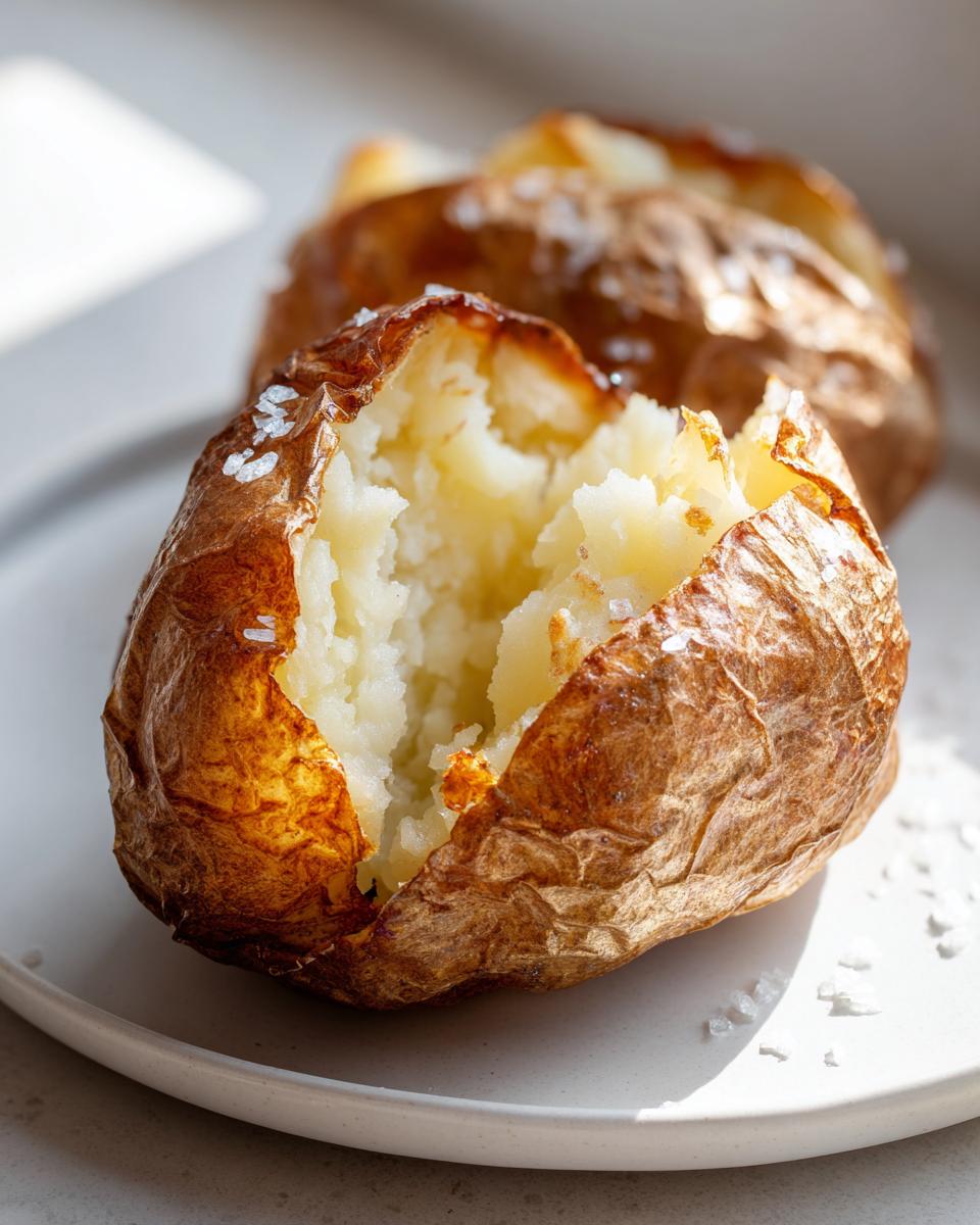 Close-up of a perfectly cooked air fryer baked potato split open, showing fluffy interior and salted, crispy skin.