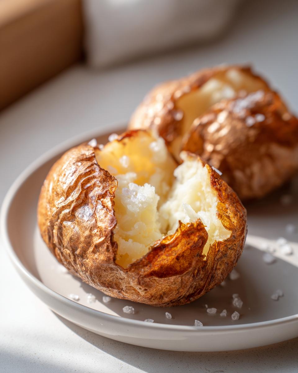 Close-up of a perfectly cooked air fryer baked potato, split open to reveal fluffy interior and topped with coarse sea salt.