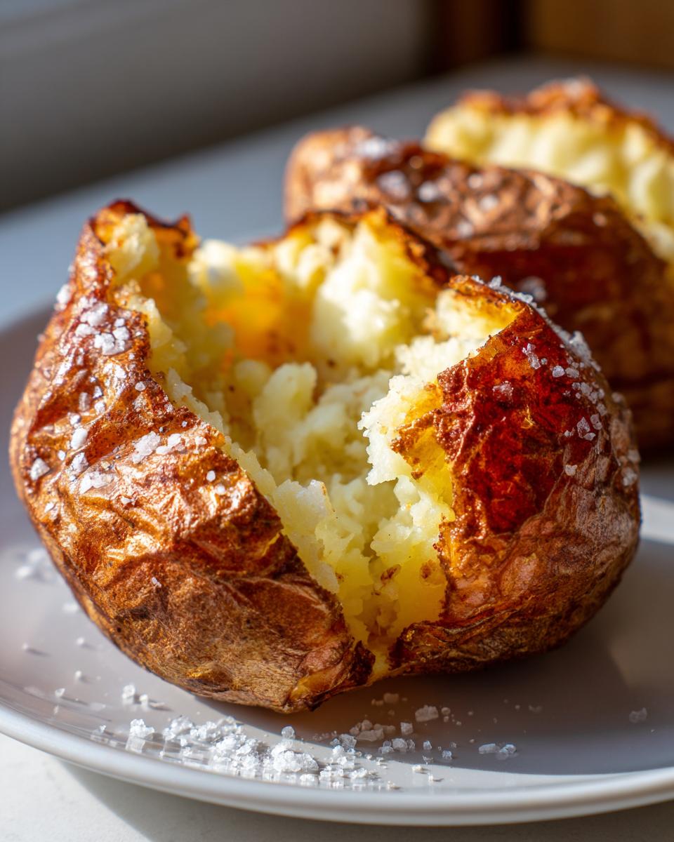 Close-up of a perfectly cooked air fryer baked potato, split open to show fluffy interior and sprinkled with sea salt.