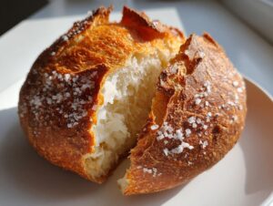 Close-up of a perfectly cooked air fryer baked potato with a golden, cracked, salty crust and fluffy white interior.