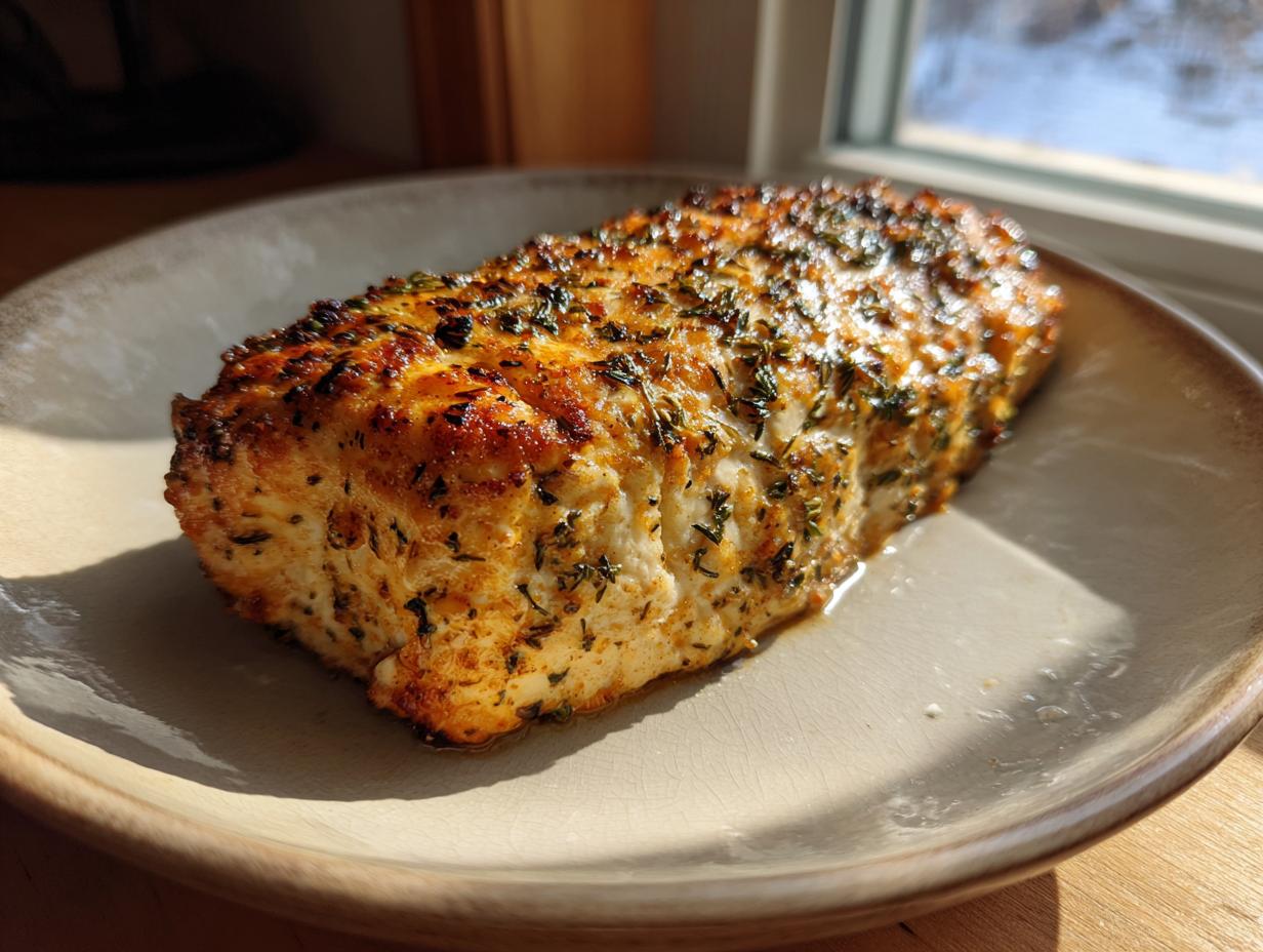 Close-up of a golden brown, herb-crusted air fryer chicken breast resting on a light-colored plate.