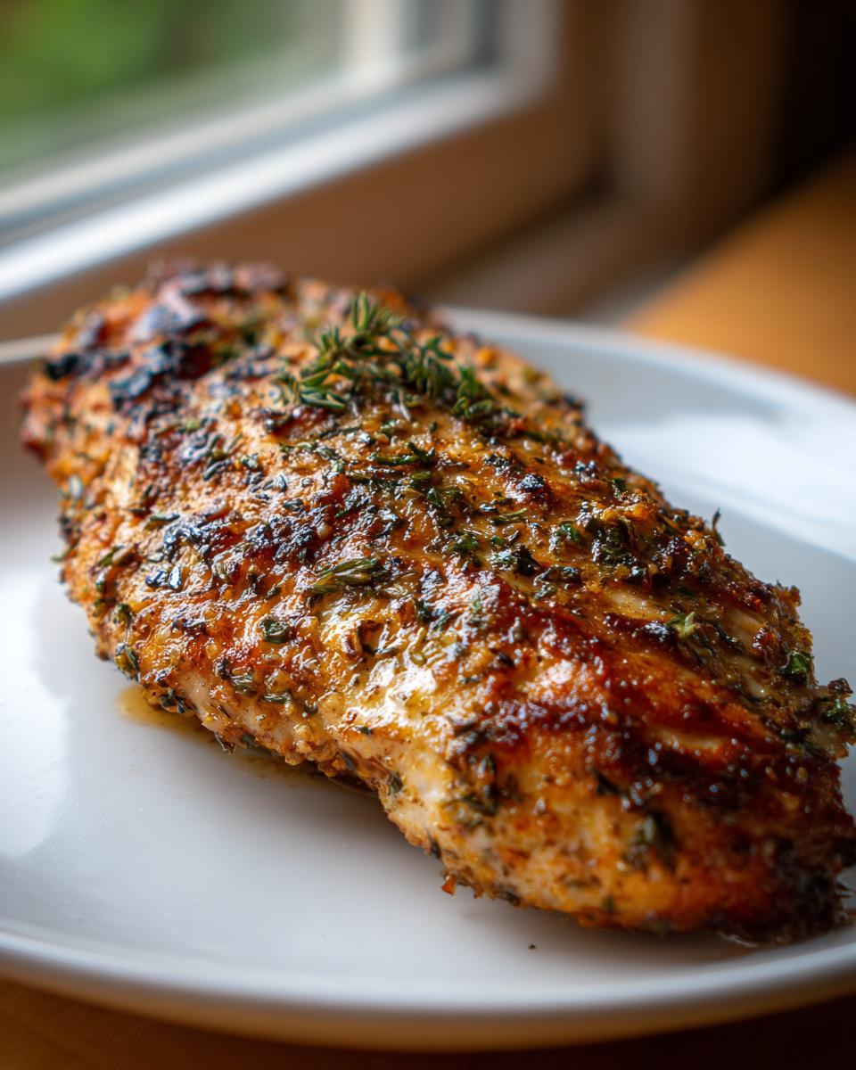 Close-up of a juicy, golden-brown air fryer chicken breast seasoned with herbs and spices, resting on a white plate.