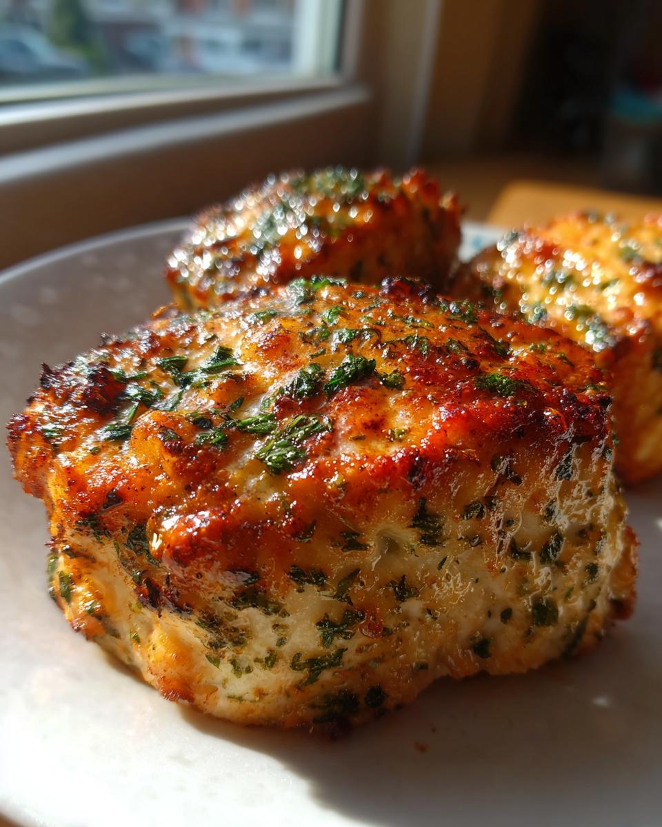 Close-up of three golden-brown, herb-crusted air fryer chicken portions glistening under sunlight.