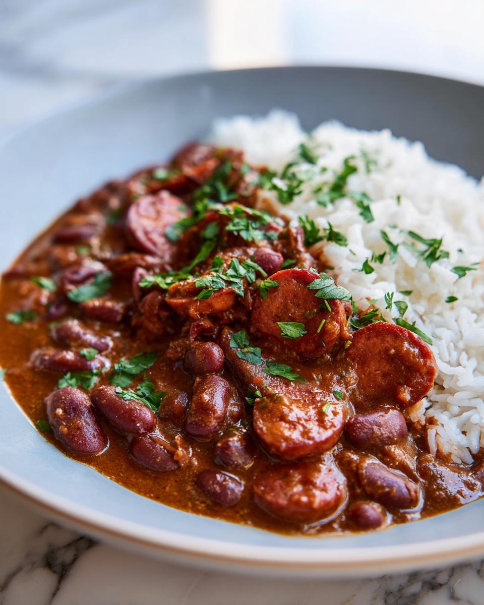 Close-up of a bowl of rich red beans and rice topped with sliced sausage and fresh parsley.