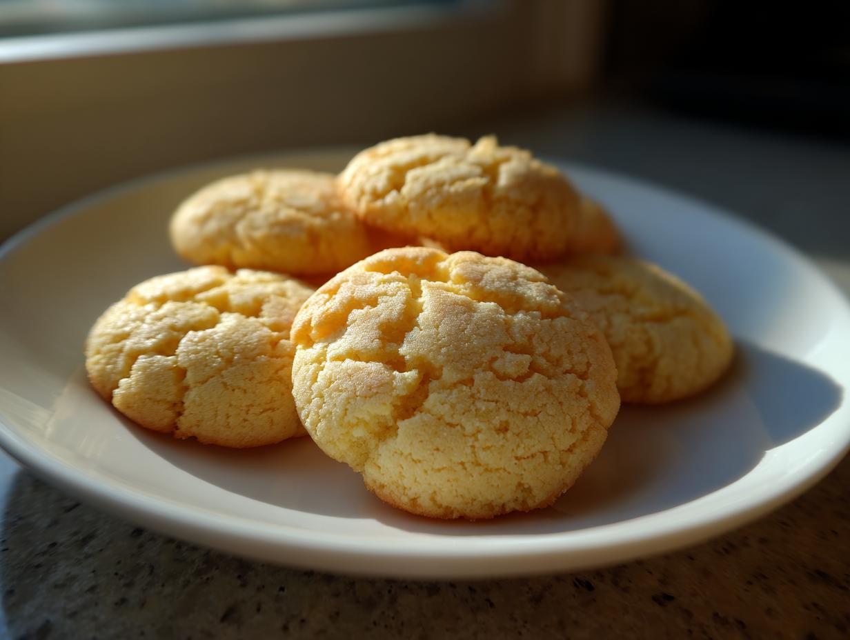 A close-up of several golden, cracked 3-ingredient butter cookies stacked on a white plate.