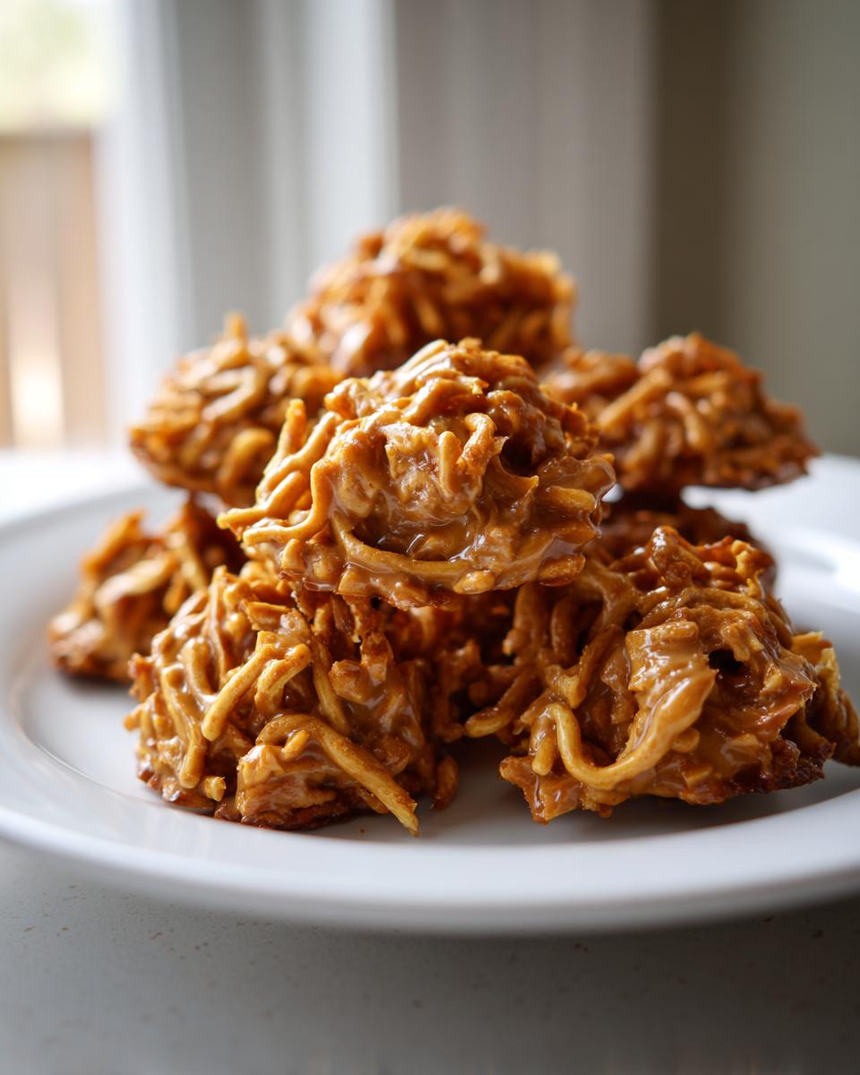 A close-up stack of glossy, peanut butter-colored haystack cookies on a white plate.