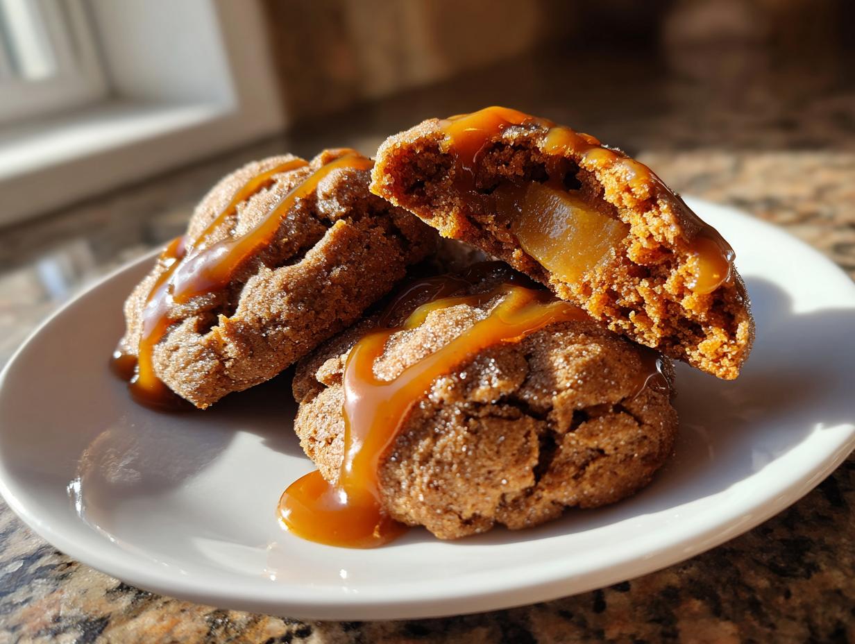 Close-up of gooey apple pie cookies, one broken open to show apple filling, drizzled with caramel sauce.