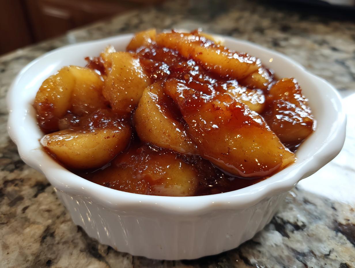 Close-up of thick, glossy, spiced apple pie filling served in a small white fluted bowl.