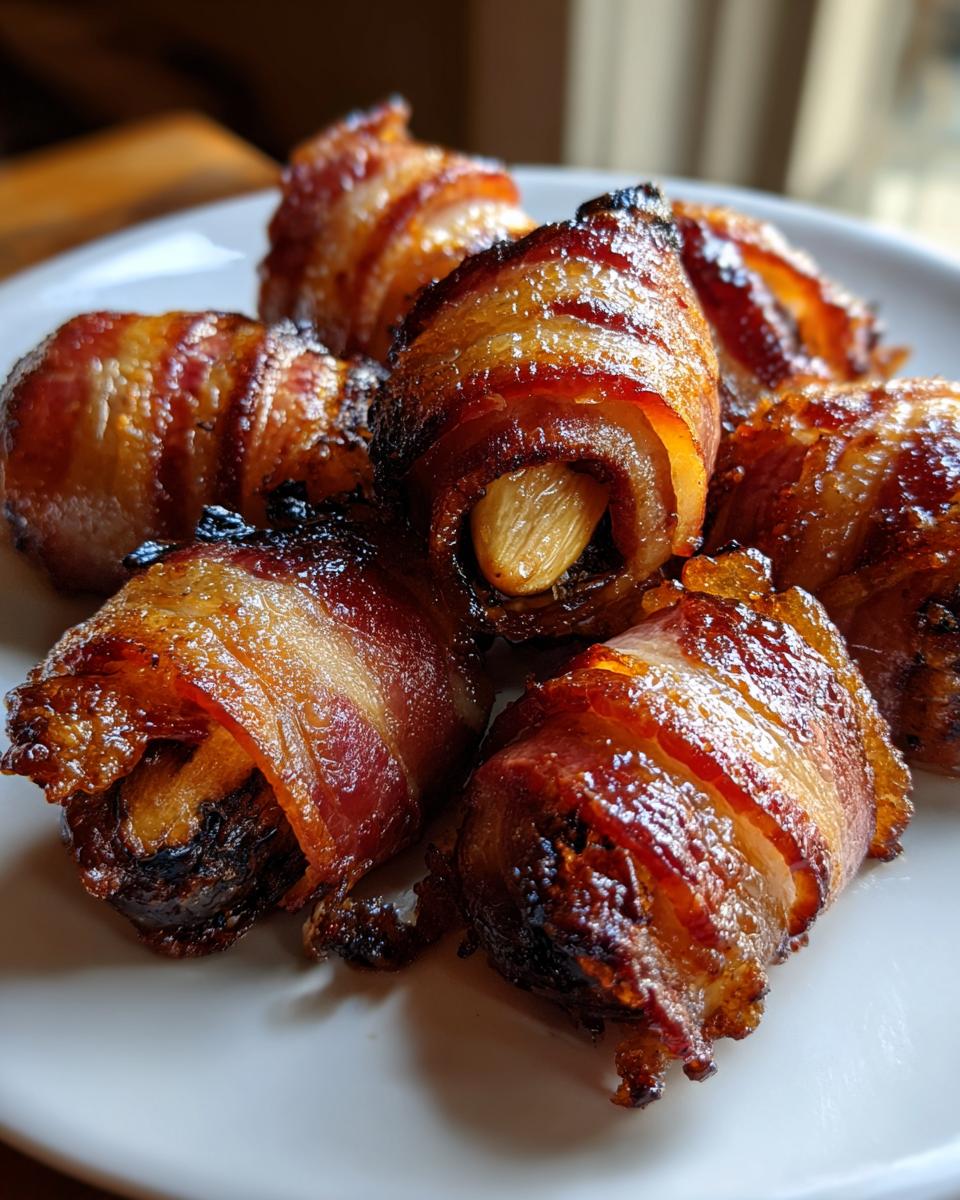 Close-up of several perfectly cooked, glossy bacon-wrapped dates served on a white plate.