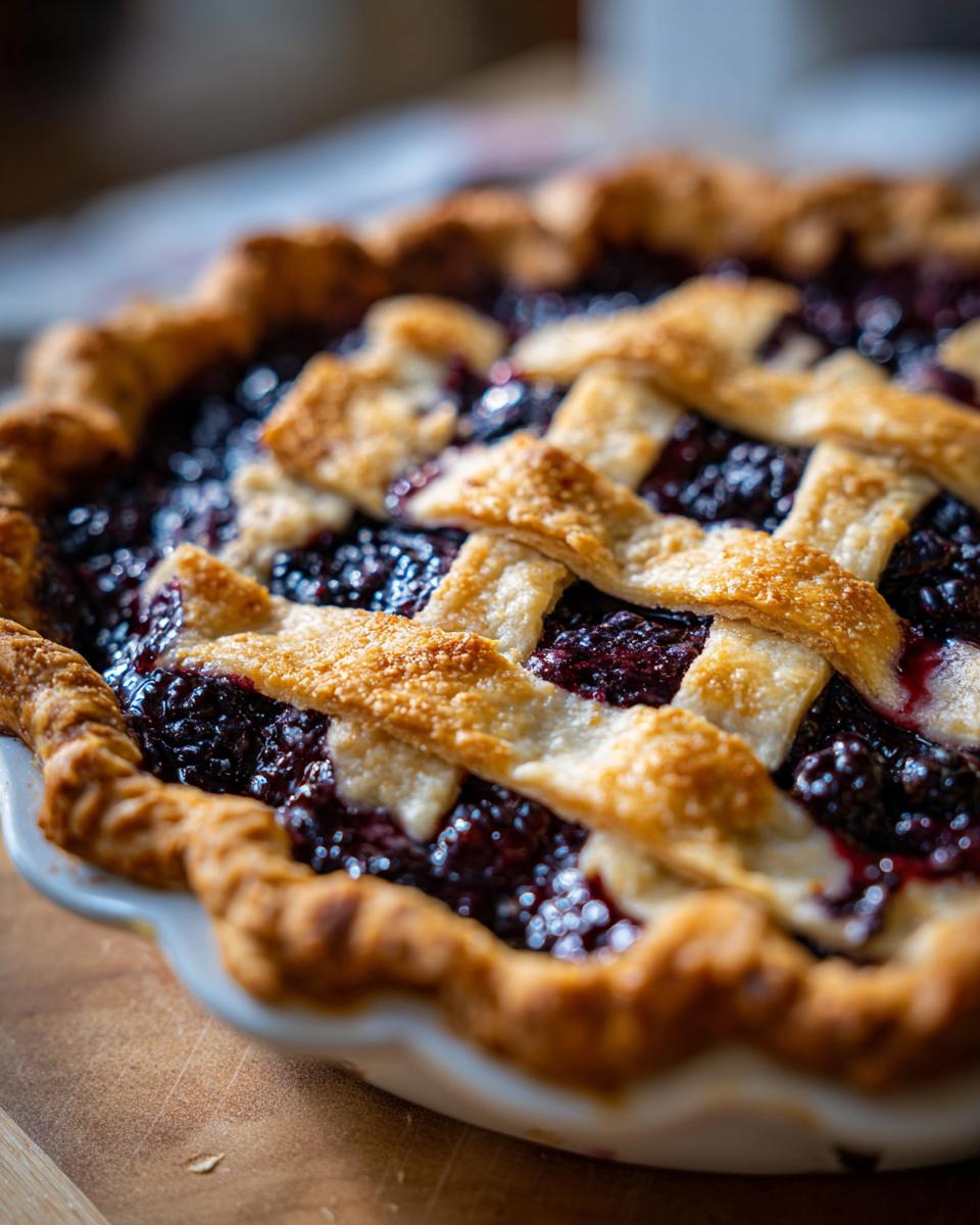 A close-up, shallow depth of field shot of a freshly baked blackberry pie with a golden lattice crust.