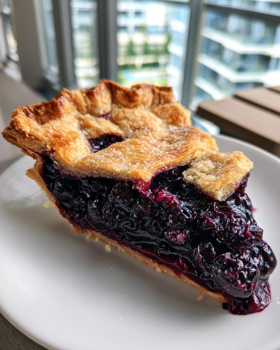 A close-up of a thick slice from an amazing blueberry pie recipe, showing juicy filling and flaky crust.