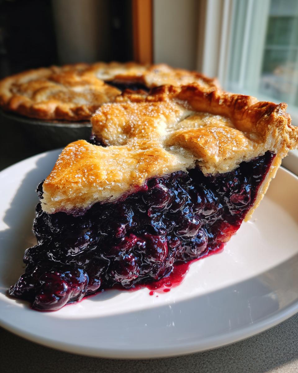 A thick slice of amazing blueberry pie recipe with a gooey, dark filling and sugared golden crust on a white plate.