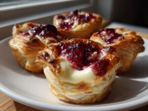 Four golden baked brie bites made with flaky pastry, melted cheese, and a dark red berry topping.