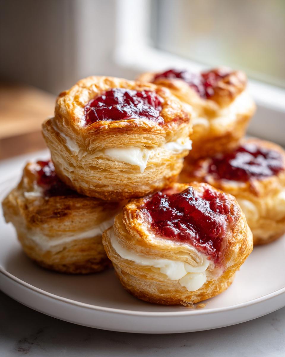 A stack of golden, flaky puff pastry brie bites filled with creamy cheese and topped with bright red jam.