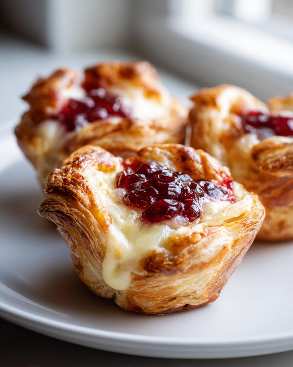 Close-up of freshly baked brie bites made with flaky puff pastry, melted brie cheese, and a dollop of red jam.