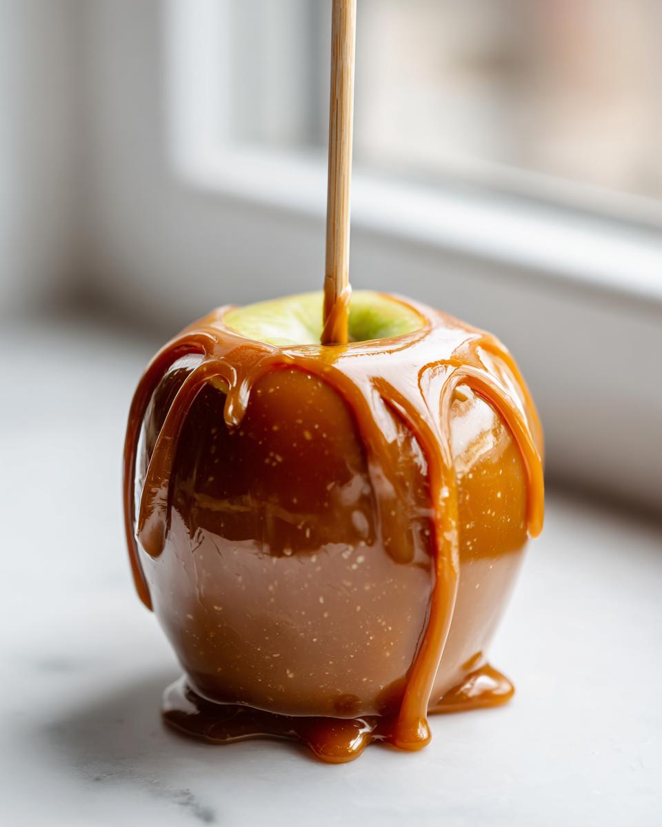 Close-up of a glossy caramel apple on a wooden stick, with thick caramel dripping down the sides.