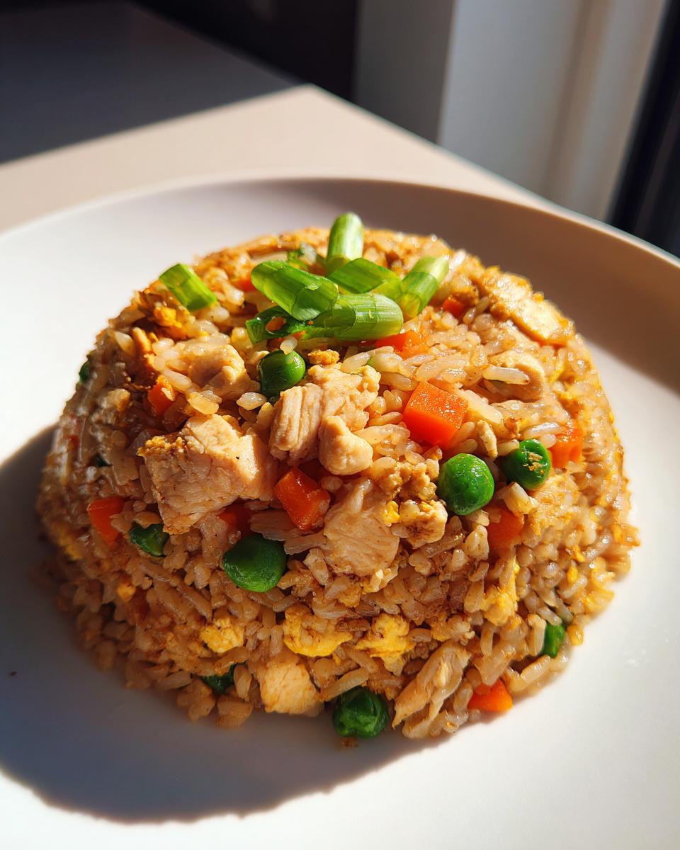 A molded dome of savory chicken fried rice with visible chunks of chicken, peas, carrots, and egg, topped with fresh green onions.