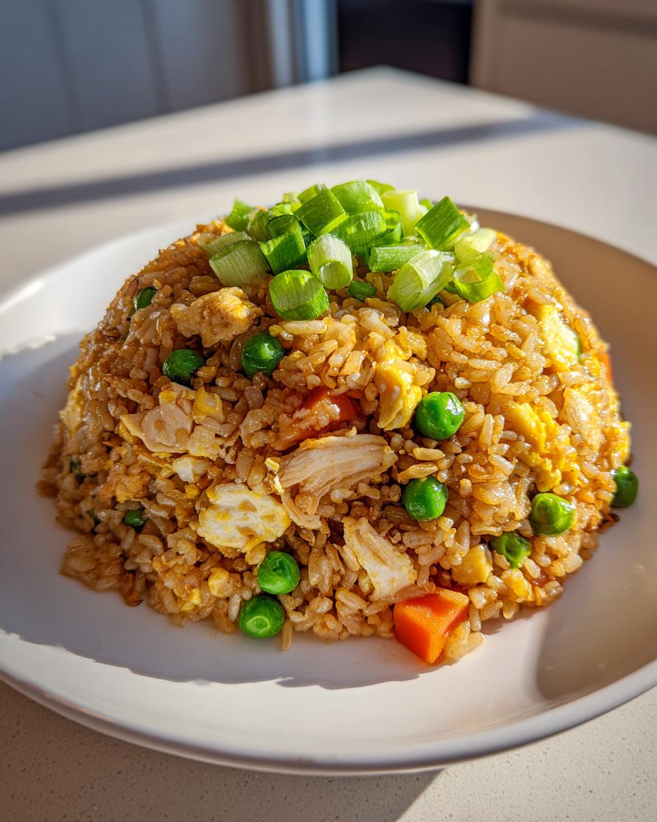 A perfectly mounded serving of flavorful chicken fried rice topped with fresh green onions.