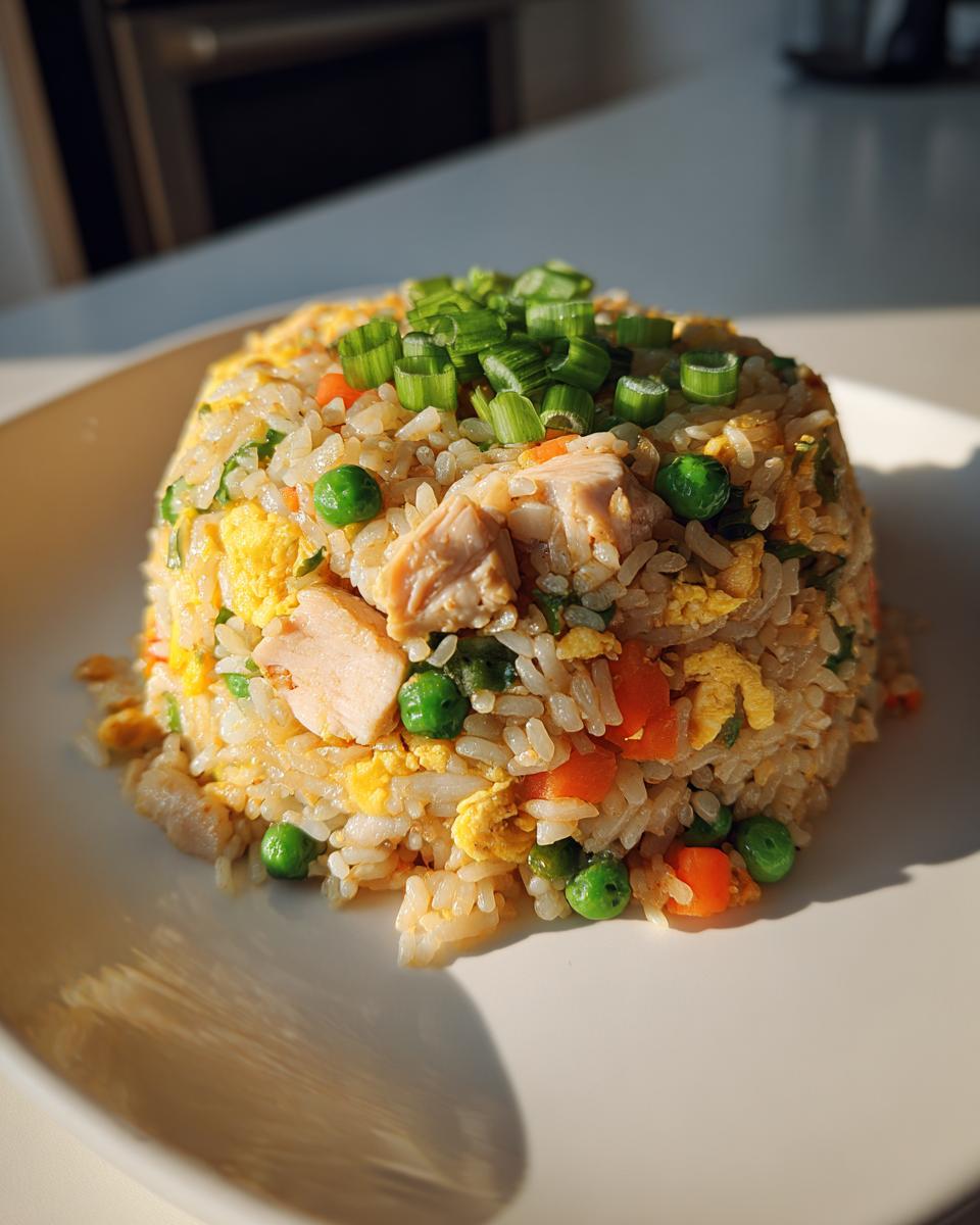 A mound of delicious chicken fried rice with peas, carrots, egg, and topped with fresh green onions.