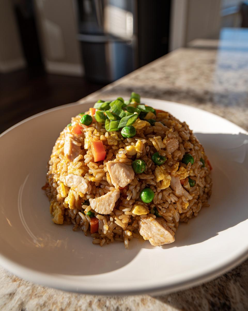 A mound of delicious chicken fried rice, featuring chunks of chicken, peas, carrots, and egg, topped with green onions.