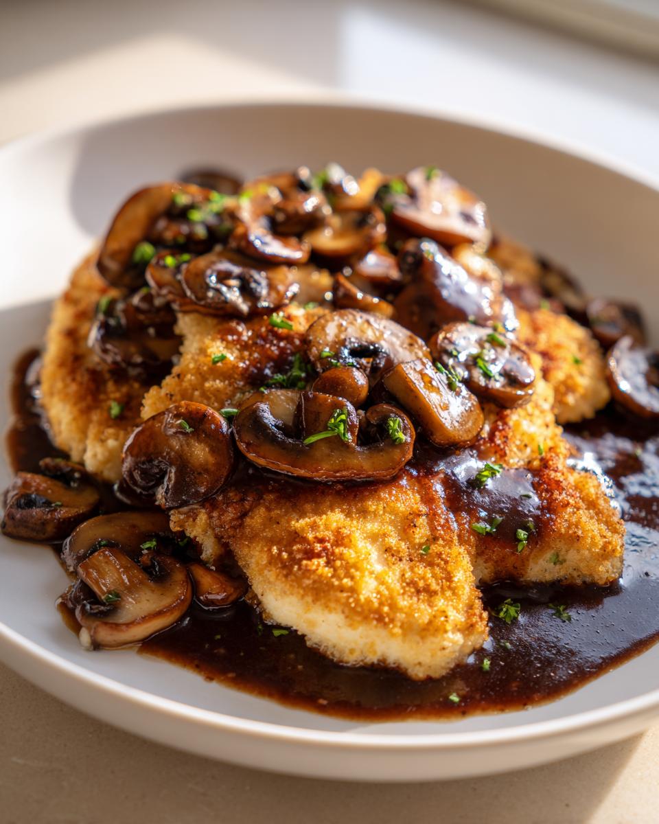 Close-up of breaded Chicken Marsala fillets smothered in dark Marsala wine sauce and sautéed mushrooms.