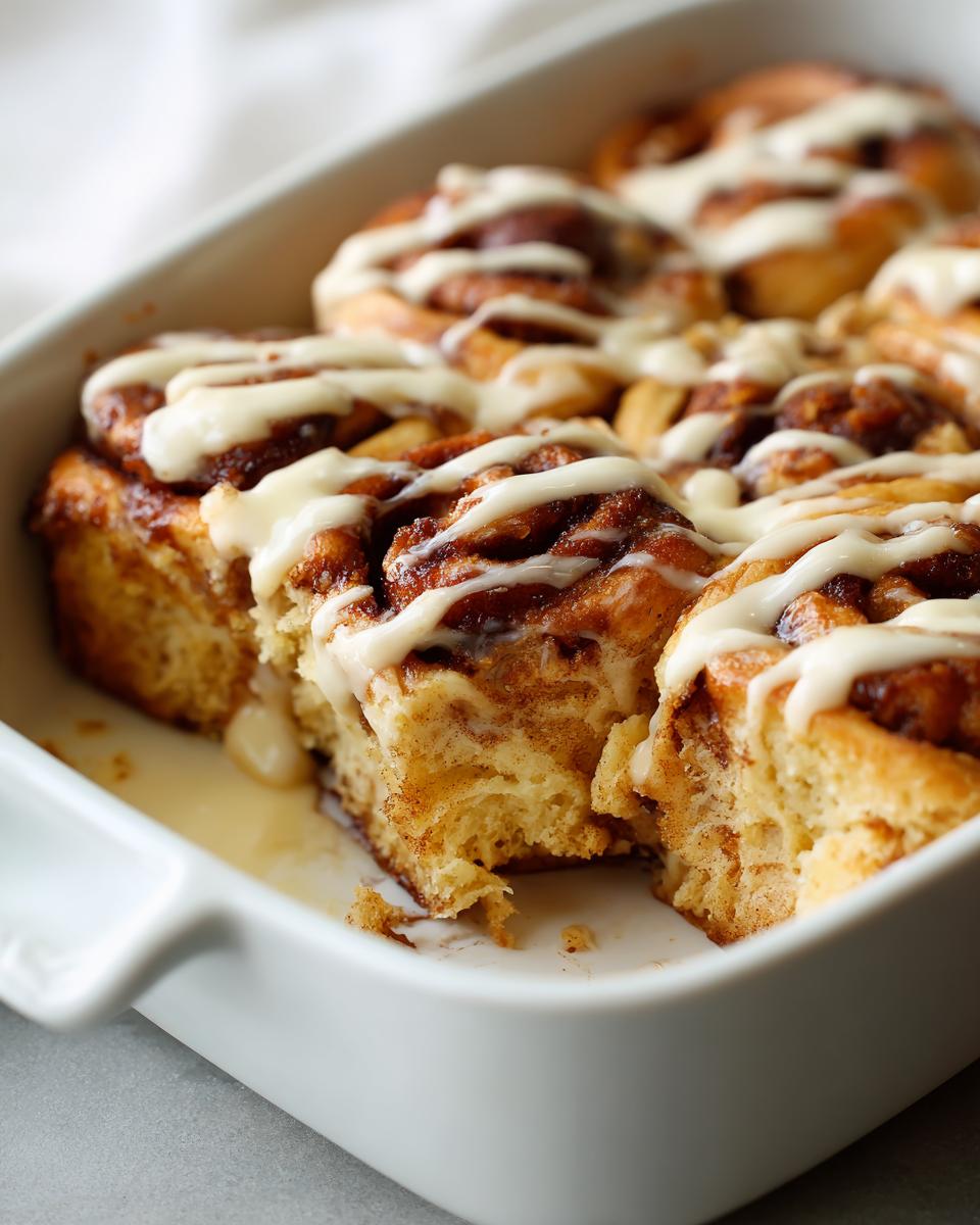 A close-up view of a baked Cinnamon roll casserole in a white dish, drizzled generously with white icing.