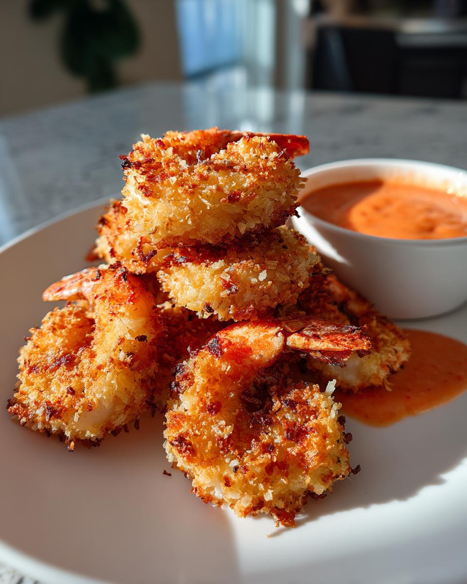 A stack of golden brown, crispy coconut shrimp served on a white plate next to a small bowl of orange dipping sauce.