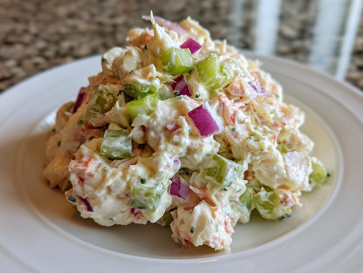 A generous mound of creamy crab salad featuring chunks of crab, celery, and red onion served on a white plate.