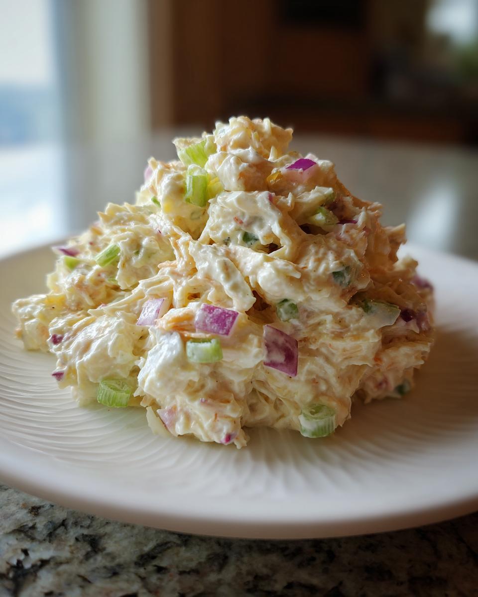 A close-up of a creamy mound of amazing 15-minute crab salad mixed with red onion and celery.