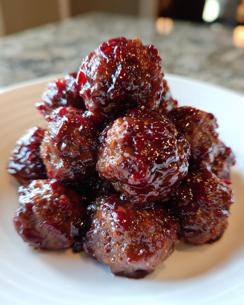 A close-up of a pile of glossy, dark red cranberry meatballs coated in a thick, sweet glaze.