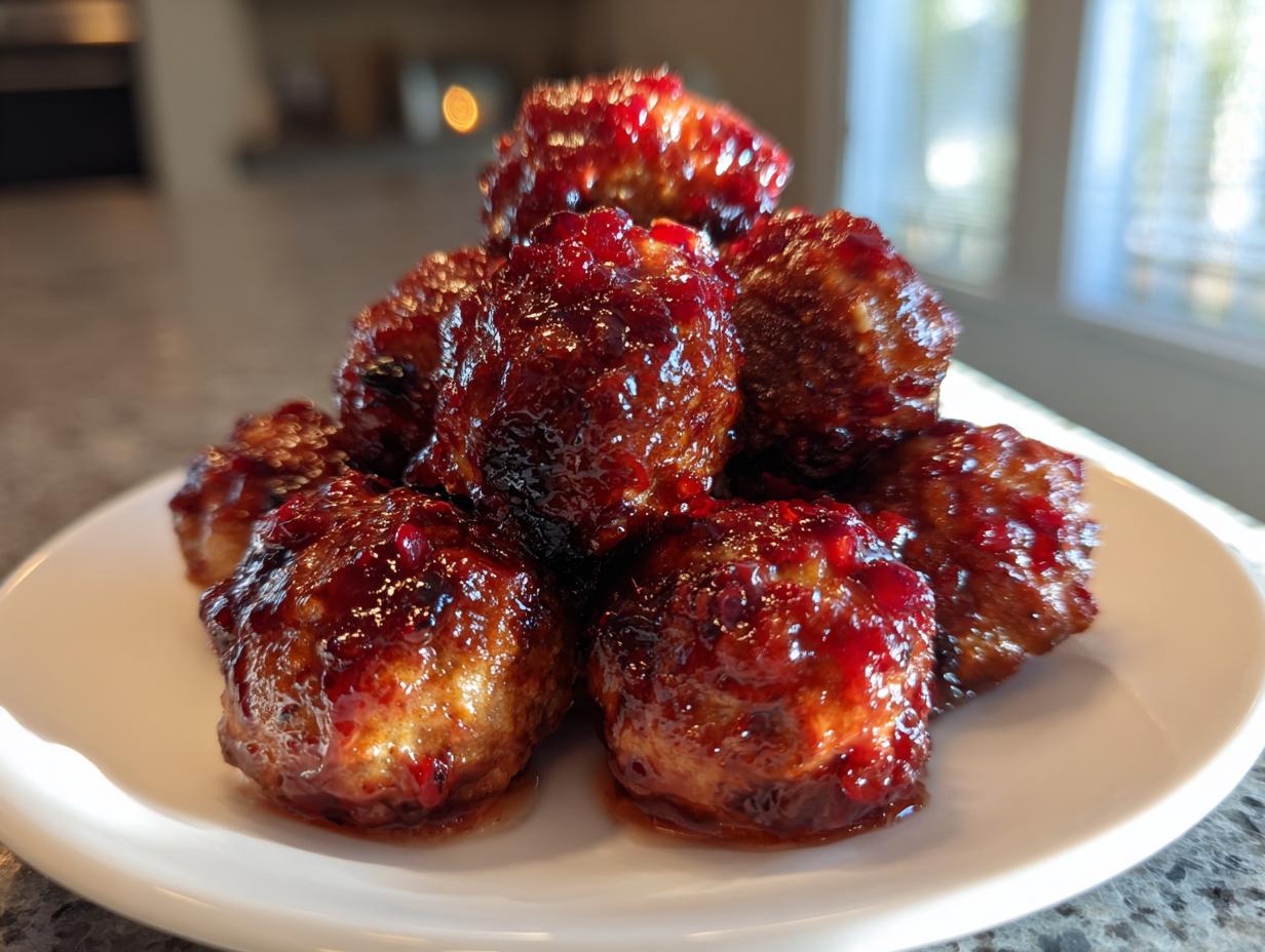 A close-up of several glazed cranberry meatballs piled high on a white plate, glistening with sauce.