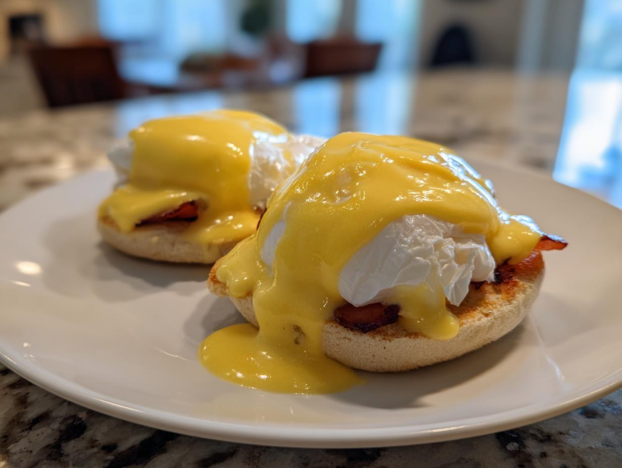 Two servings of classic eggs benedict featuring poached eggs, bacon, and rich hollandaise sauce on toasted English muffins.