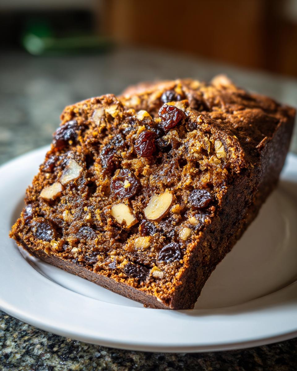 Close-up of a moist slice of fruit cake packed with dark raisins and light-colored nuts on a white plate.