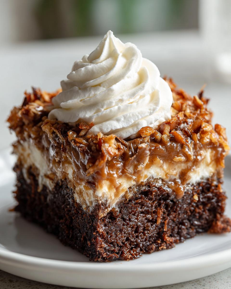 Close-up of a moist slice of german chocolate poke cake topped with coconut pecan frosting and a swirl of whipped cream.