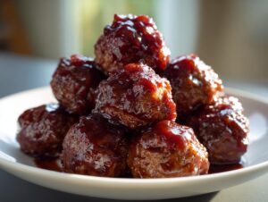 A close-up stack of savory grape jelly meatballs coated in a thick, glossy, dark red sauce on a white plate.